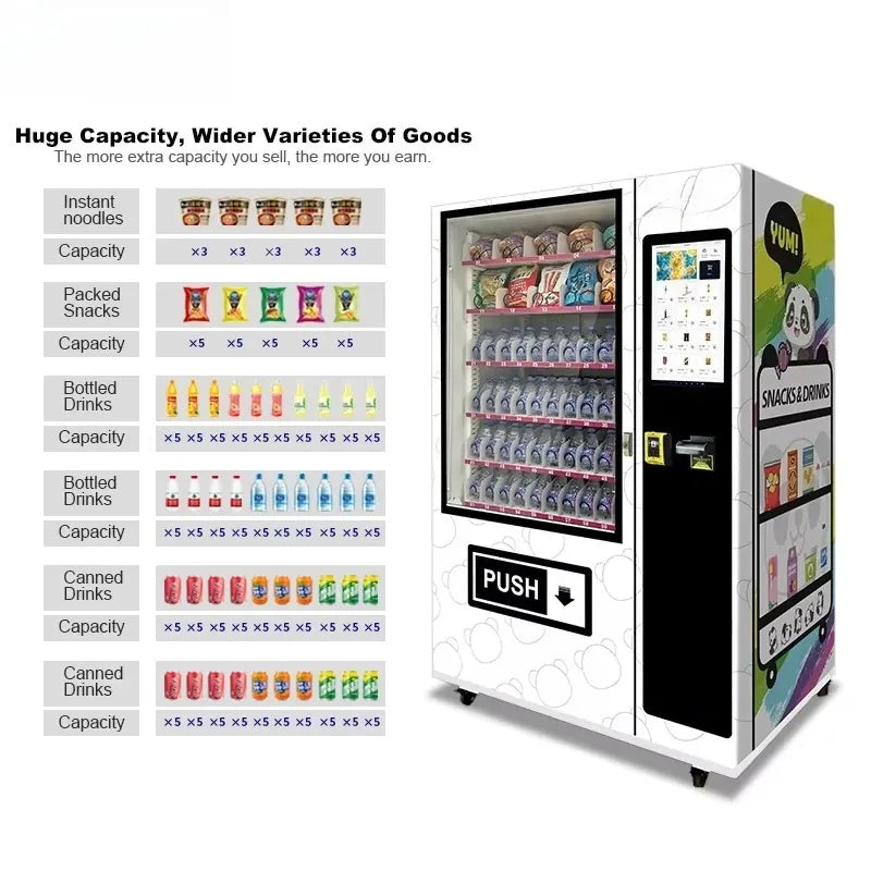Food vending machine with large capacity cabinet and front payment touchscreen area