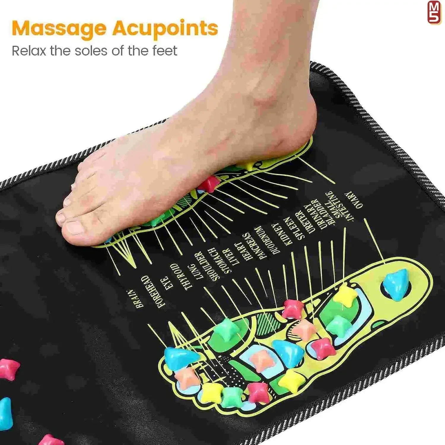 Bare foot on black acupressure reflexology massage pad with colorful pressure points and acupuncture foot map chart.