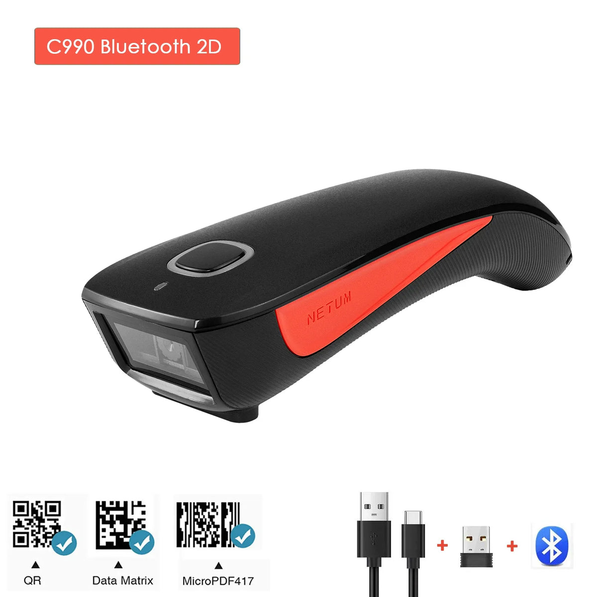 Handheld 2D barcode scanner with red accent, black body, and scanning window
