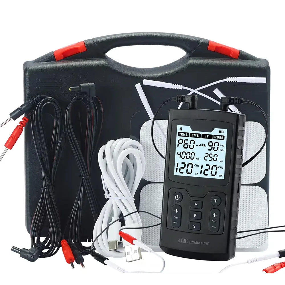 4-in-1 TENS/EMS muscle stimulator with digital display, electrode pads, lead wires, and carrying case for pain relief.