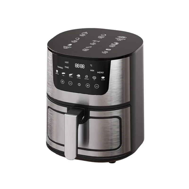 Stainless steel air fryer with digital menu panel and front drawer handle