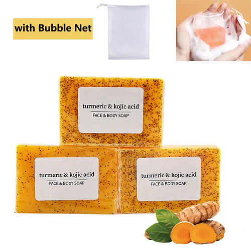 Anti-inflammatory turmeric and kojic acid soap bars (3-pack) in bright orange packaging with a foaming bubble net.