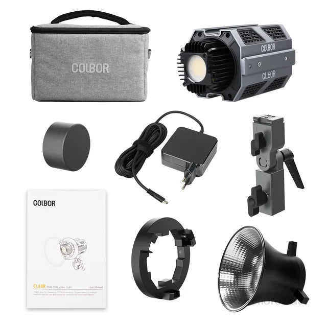 CL60R RGB COB video light kit including gray carry bag, power adapter, mounting bracket, reflector, and accessories.