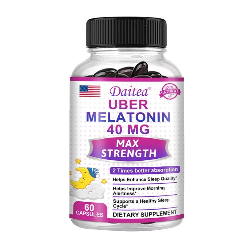 Daitea Melatonin Supplement 40mg Contains Vitamin C Theanine Extract Capsules to Promote Sleep Quality & Alertness Non-GMO