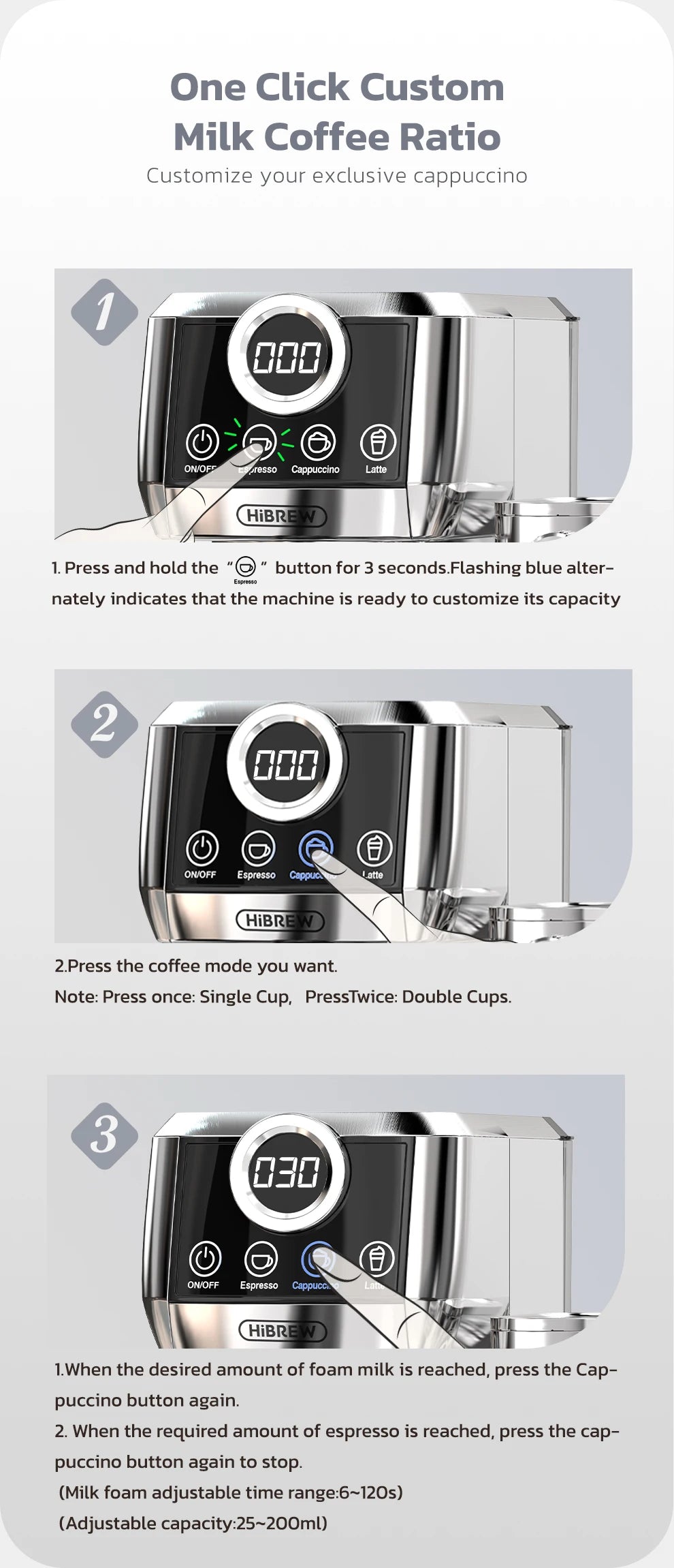 HiBREW espresso machine control panel with digital display showing milk and coffee ratio settings for cappuccino.