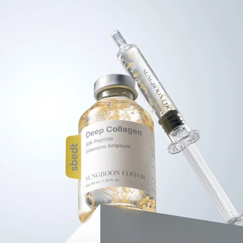 Sungboon Editor Deep Collagen Silk Peptide Intensive Ampoule in a glass bottle with a syringe-style applicator.