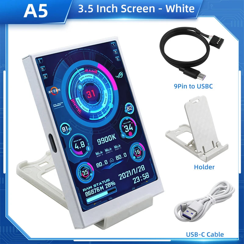 TURZX 3.5 / 5 Inch IPS USB Secondary Screen for Computer CPU GPU RAM HDD Monitor Type C Display NO AIDA64 LCD for Windows 10 11