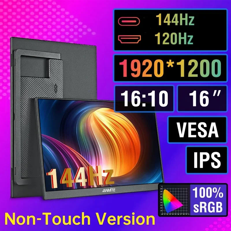 Anmite 16-Inch 144Hz Portable Touch Monitor Non-touch optional 1200P For XBox PS4 / 5 Switch Cell Phone PC Loptop Extension