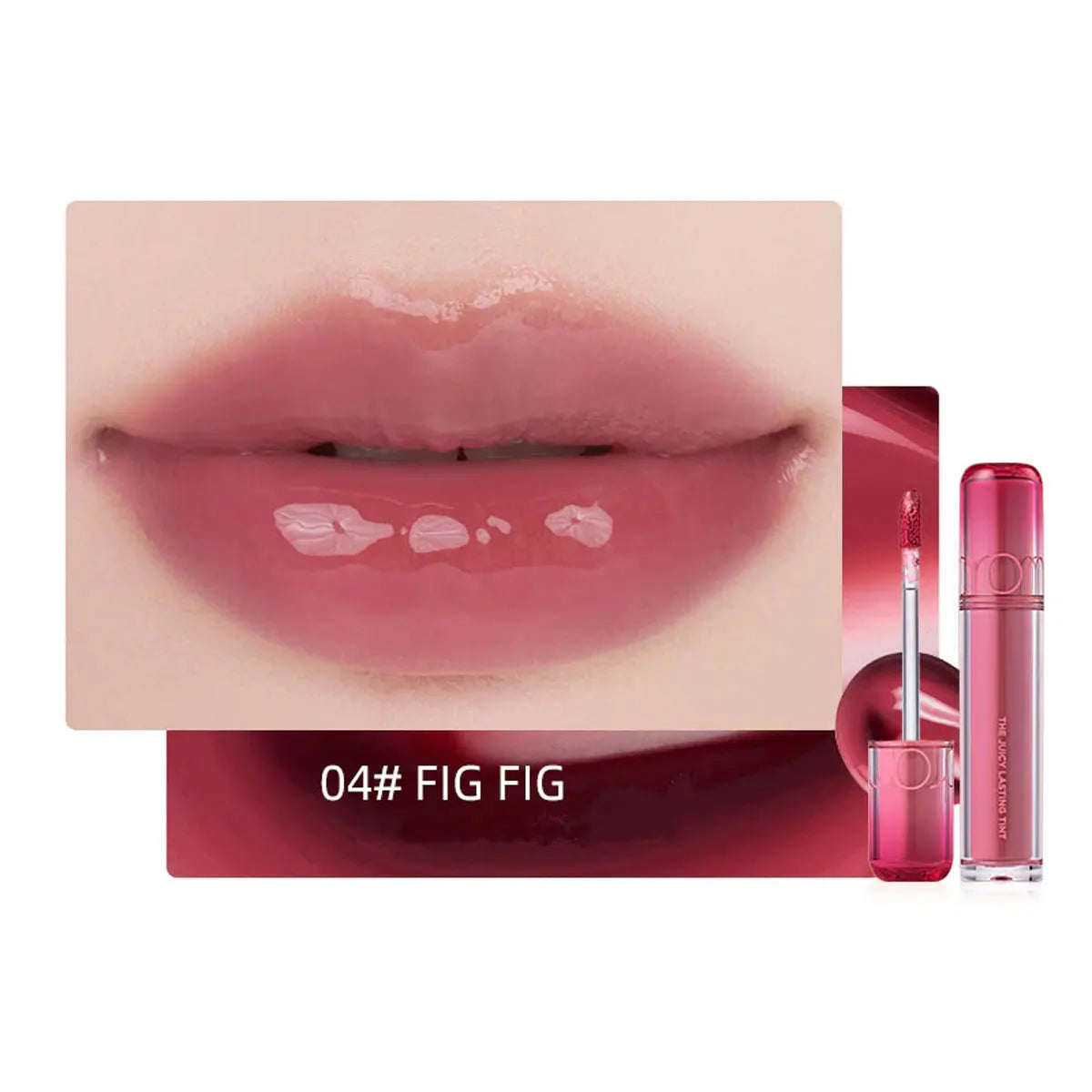 rom&nd Juicy Lasting Tint in 04 Fig Fig: glossy, hydrating Korean lip stain with a smooth, plump mauve-pink finish.