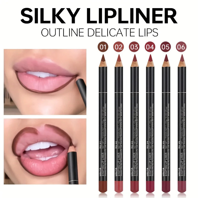 PUDAIER 6-color waterproof matte lip liner set, showing smooth, smudge-proof application on lips in assorted nude shades.