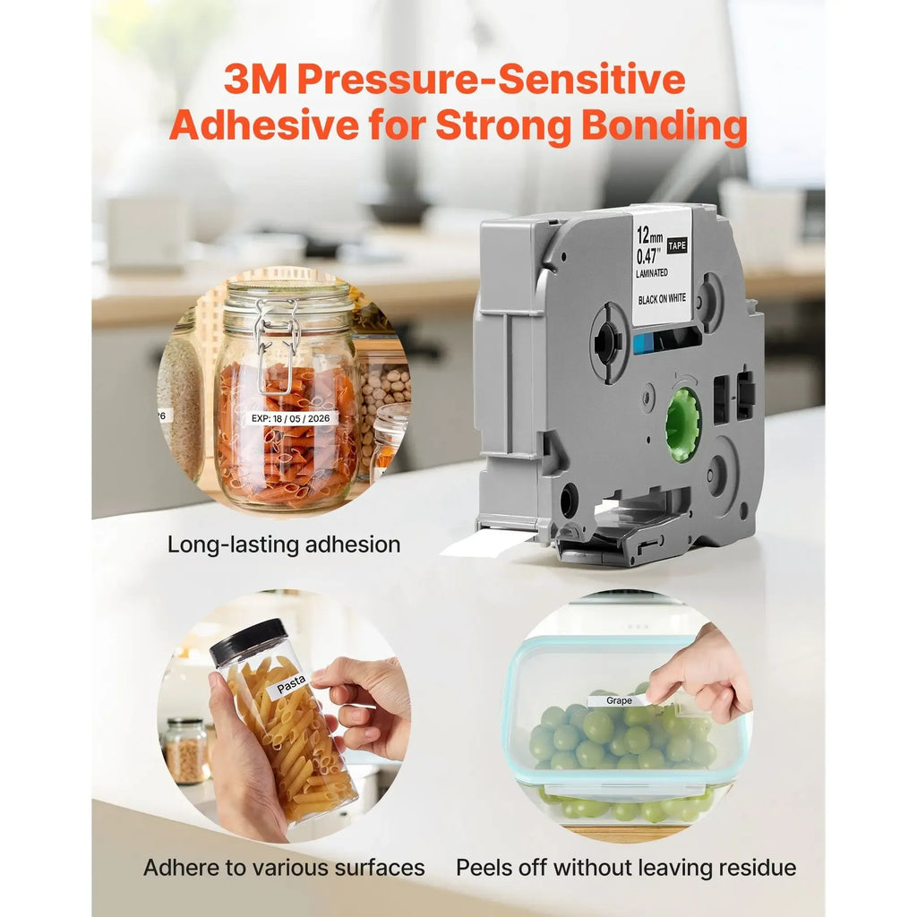 Thermal label tape cartridge with green spool, shown with packaged container items