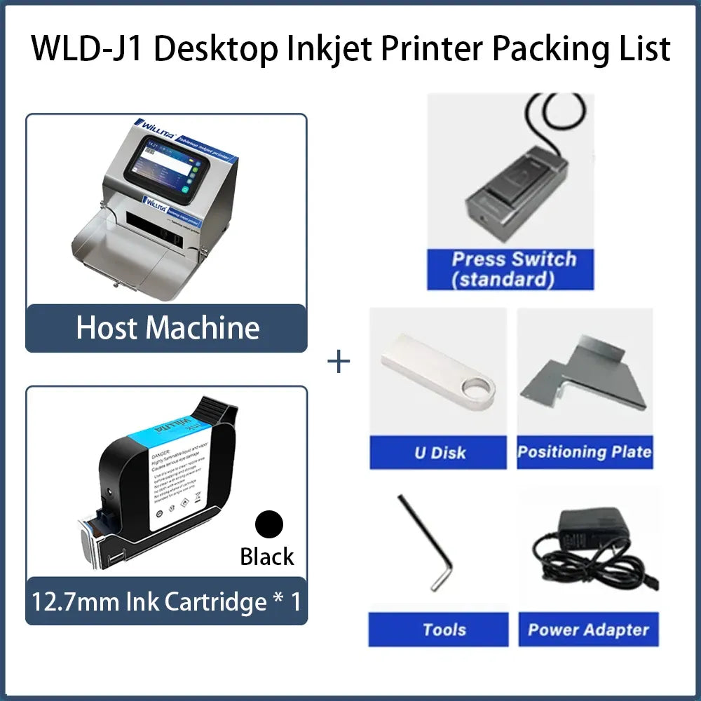 Desktop inkjet printer packing list with press switch, U disk, positioning plate, and tools