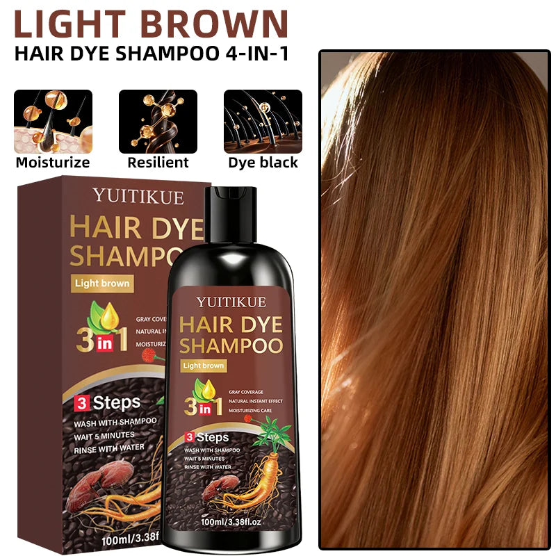 YUITIKUE 3-in-1 Hair Dye Shampoo - Light Brown, Gentle Plant Formula, Easy To Use At Home, Moisturizes Hair, 100ml