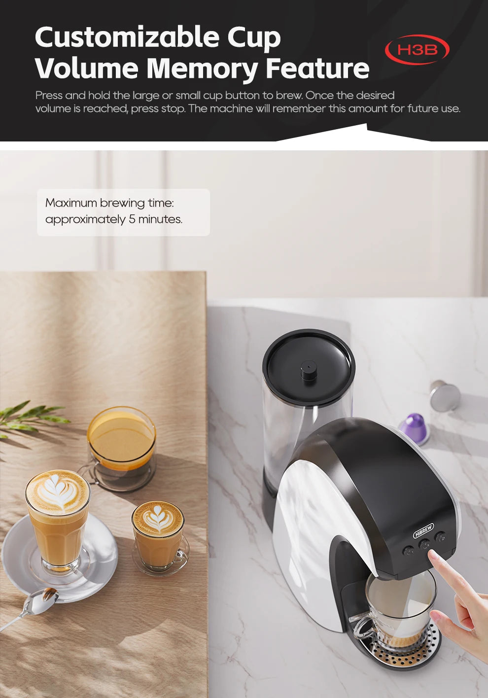 HiBREW H3B coffee maker with black and white finish, showing touch button volume memory for cup brewing.