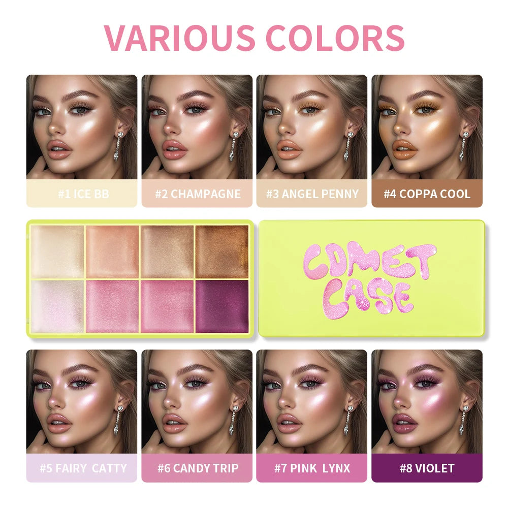 Tidesmit 8 color cream highlighter palette shade swatches for shimmering waterproof face makeup and glowing skin
