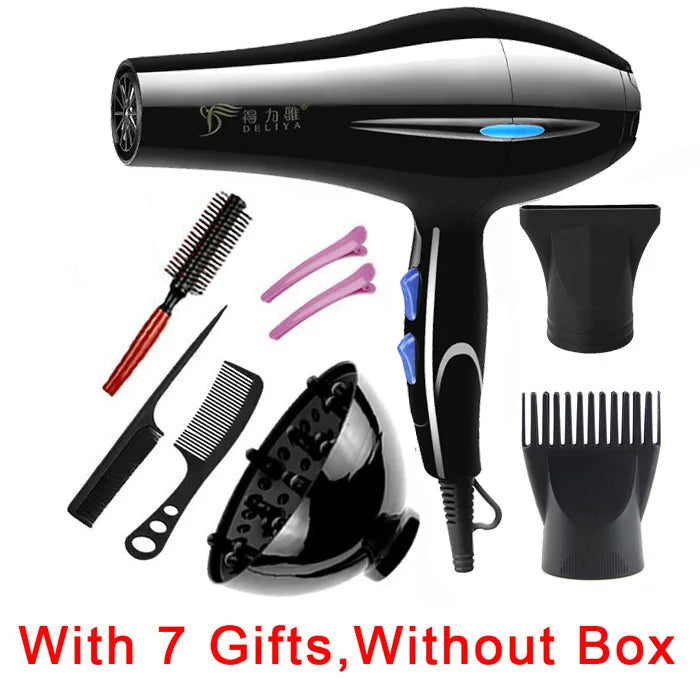 Professional black hair dryer set with diffuser, styling attachments, brushes, and clips for salon or home use.