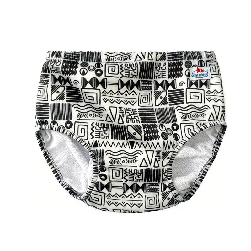 Baby care cloth training diaper with black and white geometric tribal print and elastic waist for infants.