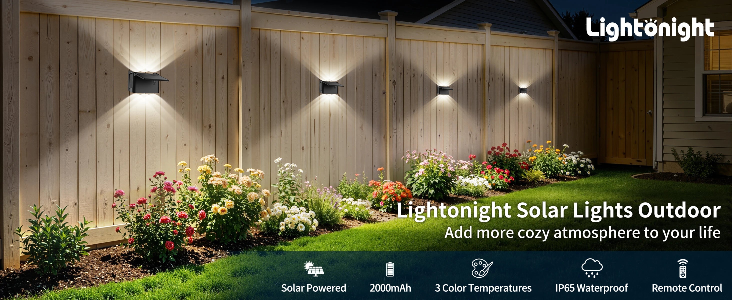intelamp Solar Wall Lights 2 Pack with Remote, 3 Color Modes, IP65 | Customizable Up/Down lighting, IP65 Waterproof Solar Lamp for Outdoor Walls, Fences, Patios and Entryways