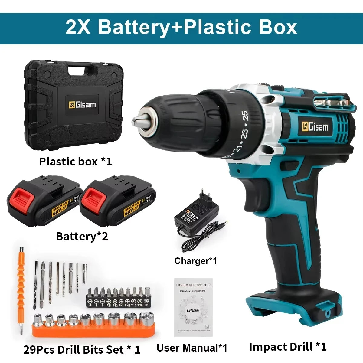 Gisam Cordless Impact Drill Electric Screwdriver Rechargeable Handheld Hammer Drill Power Tool 25+3 Torque Driver Li-ion Battery