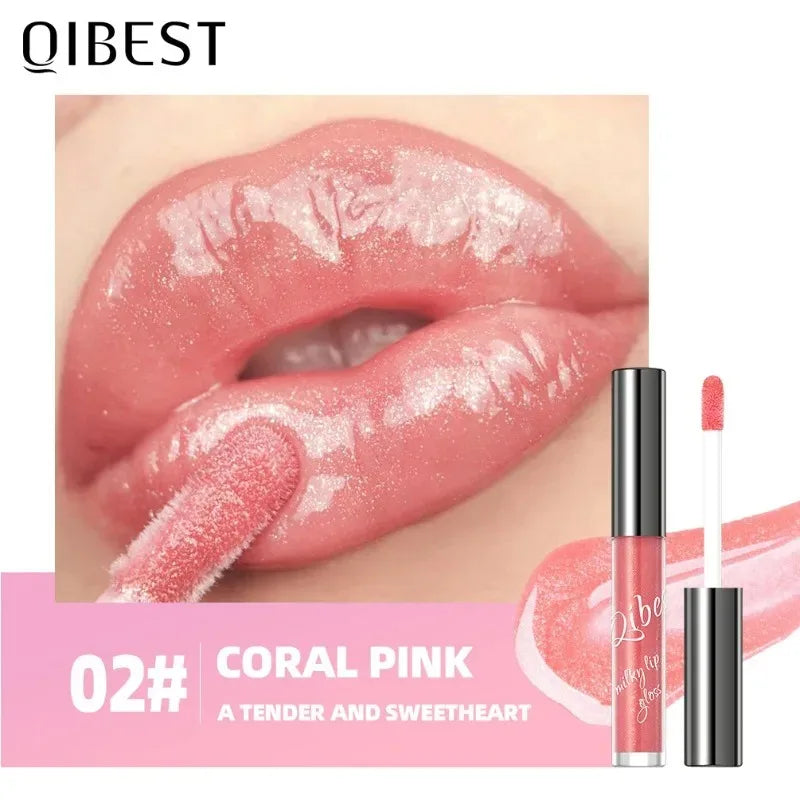 QIBEST coral pink shimmering lip gloss with a moisturizing, plumping, glassy jelly shine and gold sparkle finish.
