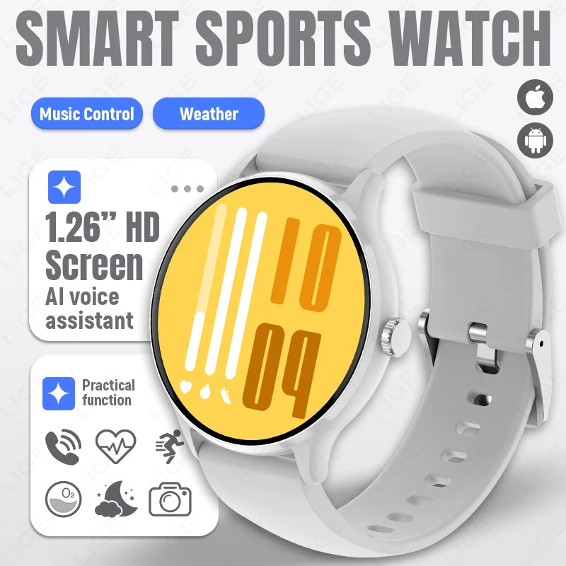 Smart sports watch with white silicone band, round 1.26" HD screen.