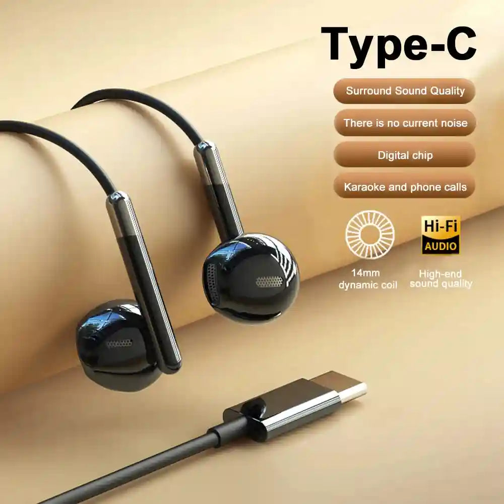 USB C Wired Headphones | HiFi Stereo Sound for Galaxy and iPhone Type C Black Tidesmit