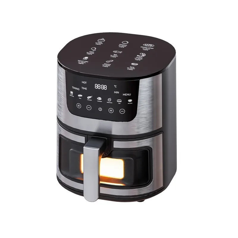 Stainless steel air fryer with lit viewing window and digital control display