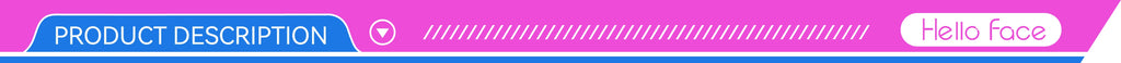 Pink and blue banner with white text that reads "PRODUCT DESCRIPTION" and "Hello Face" next to a decorative icon.
