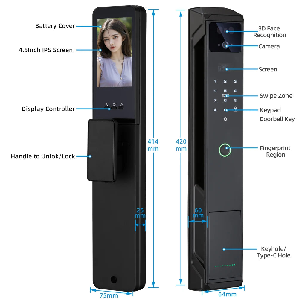 RAYKUBE 21-language Voice Camera Palm Vein Smart Fingerprint Lock Face Recognition Digital Lock With Video Call P85