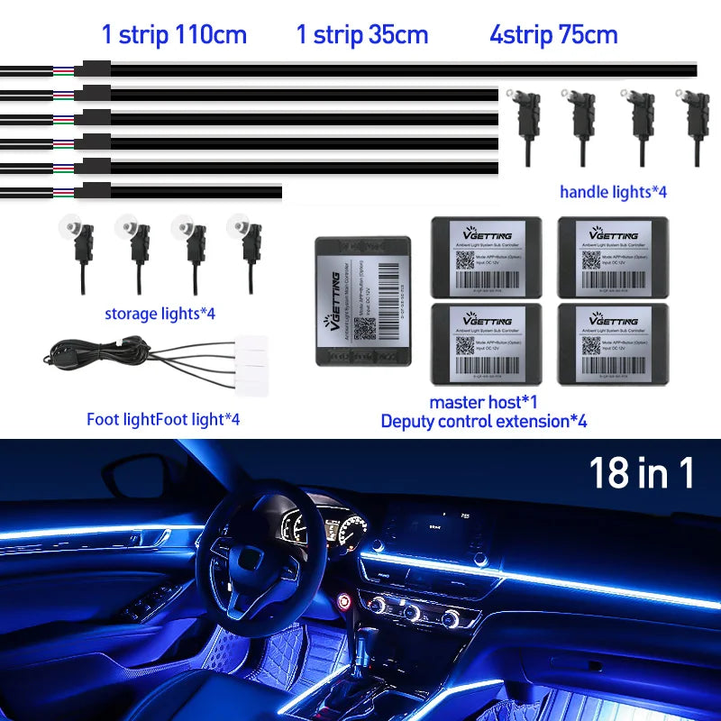 18-in-1 car ambient light kit with LED strips, control modules, and footwell lights for interior vehicle illumination.