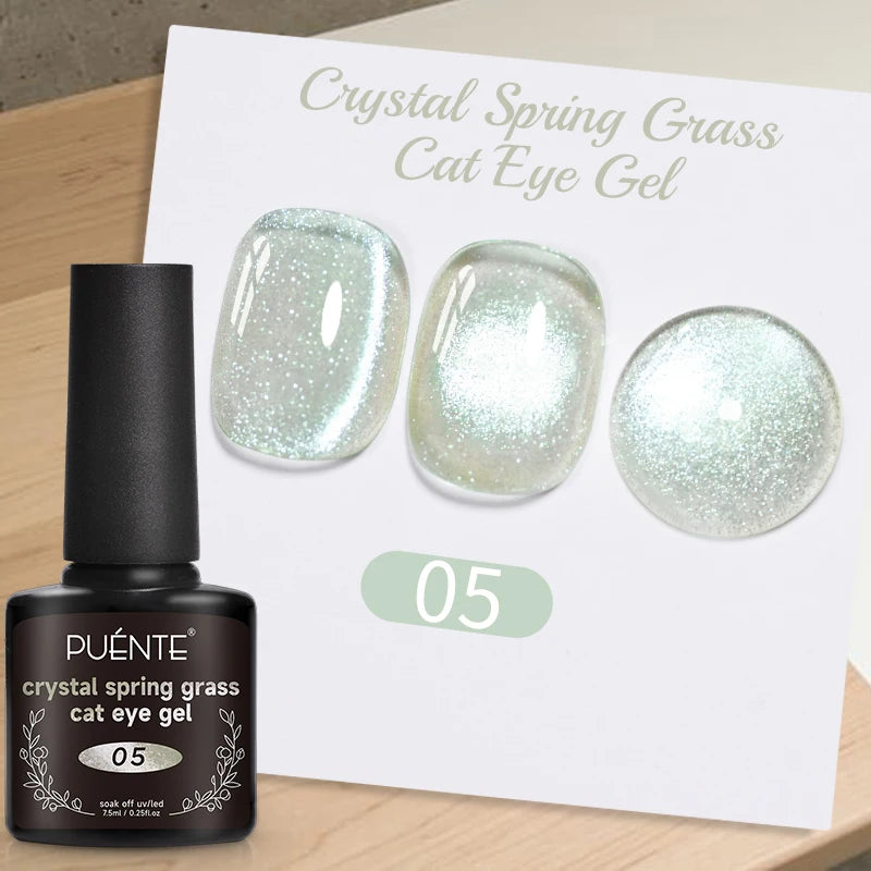 Crystal Spring Grass cat eye gel polish in a 7.5ml black bottle with light green, shimmering nail color swatches.