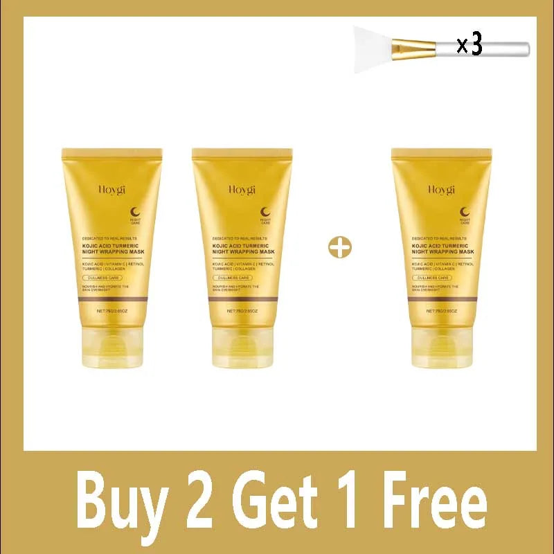 Three 75g tubes of Kojic Acid Turmeric Night Wrapping Mask and three silicone face applicator brushes.