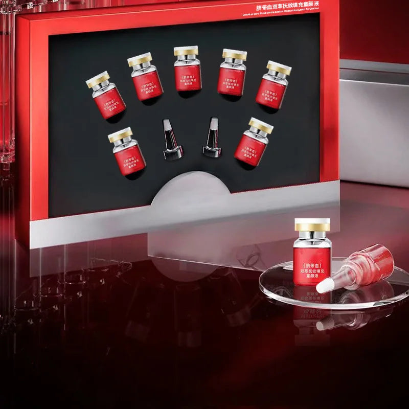 Double Serum Filler anti-aging set: red glass vials for skin rejuvenation, firming, and wrinkle repair in display box.