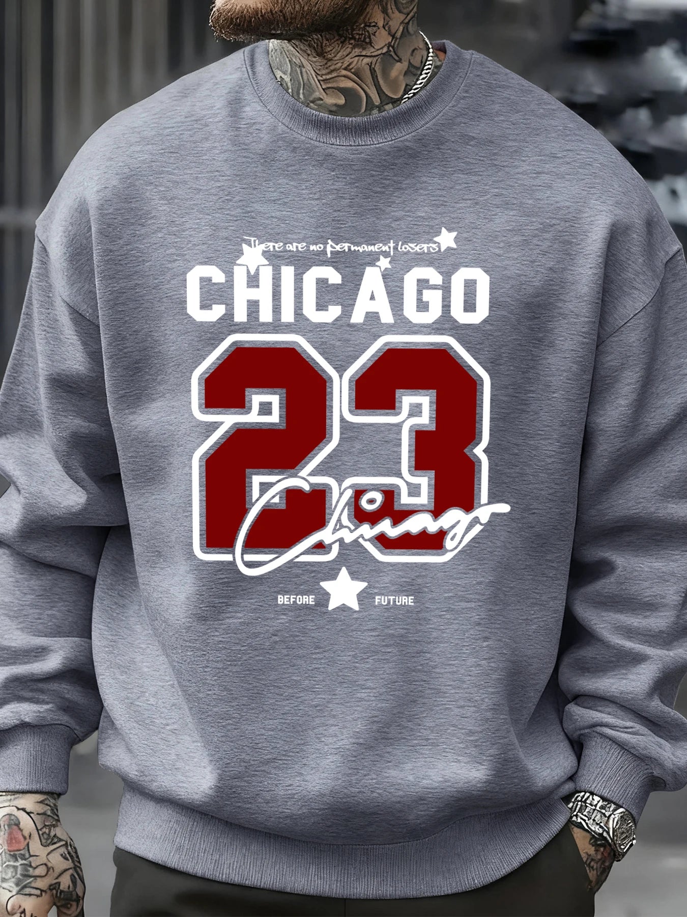 Gray fleece crewneck sweatshirt with red and white Chicago 23 graphic print on chest, featuring sporty urban style.
