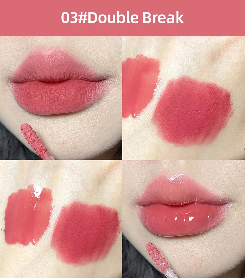 CACE Double Head Lip Gloss in 03 Double Break, featuring matte lip mud and glossy mirror finish textures.