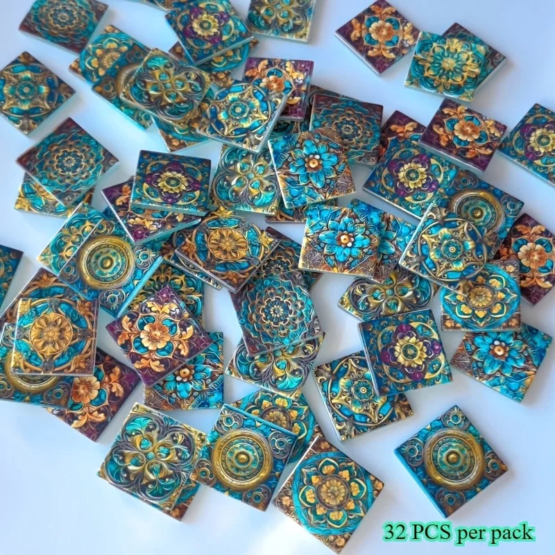 32 pcs square teal glass mosaic tiles with gold floral medallion patterns