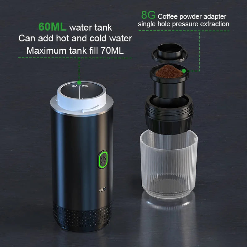 Tidesmit 3-in-1 portable espresso maker showing side profile for capsule and coffee powder compatibility