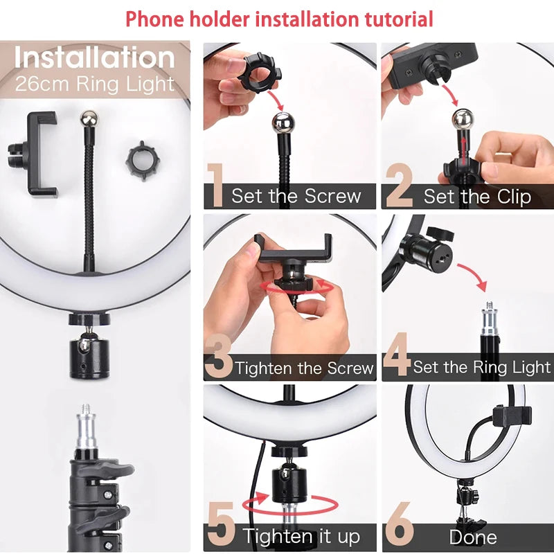 Six-step tutorial showing how to attach a black plastic phone holder mount to a 26cm circular LED ring light.