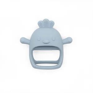 Blue silicone baby teething toy for soothing sore gums.