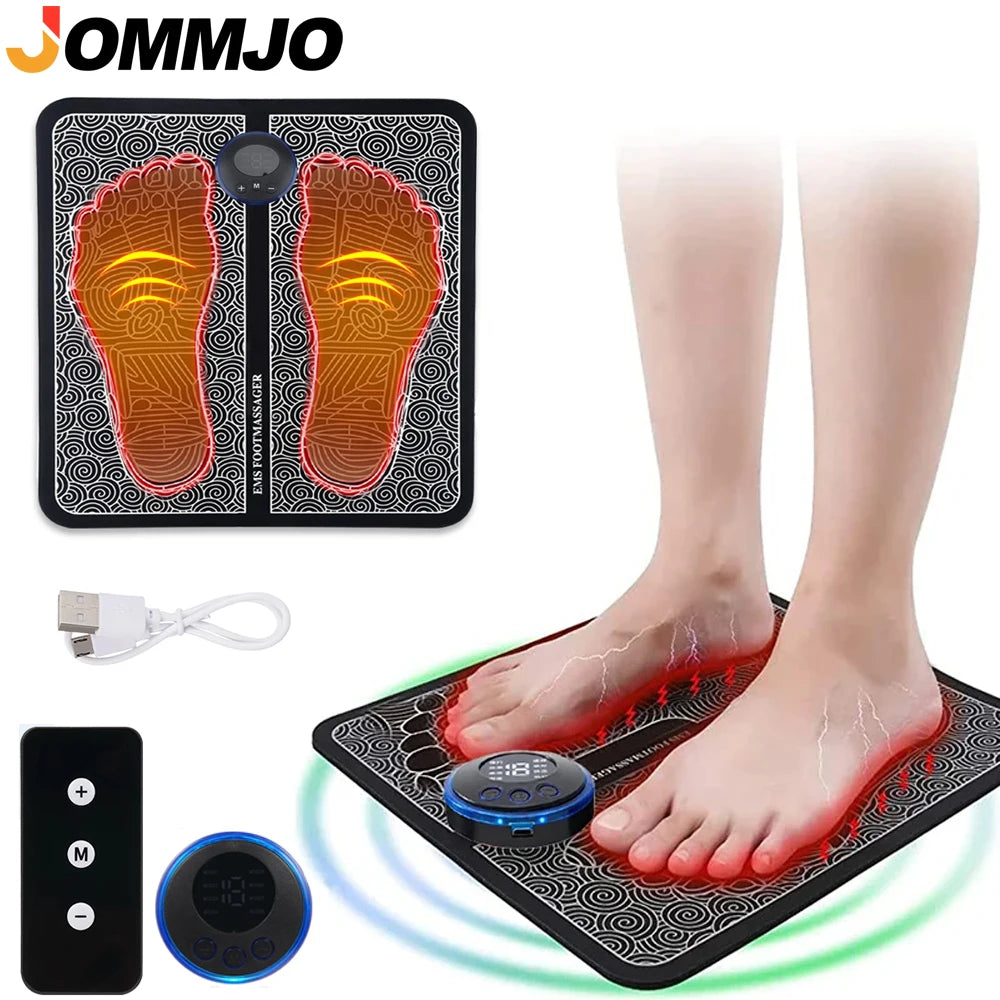 Rechargeable EMS foot massage mat with remote, electric stimulation for pain relief, black design with LED controller.
