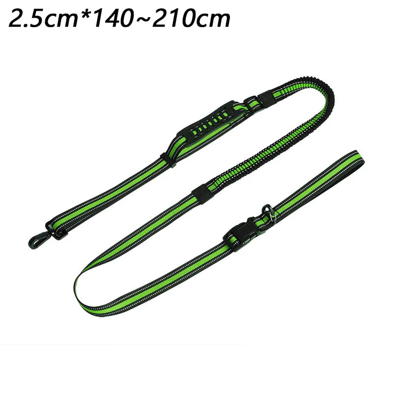 Tidesmit black and neon green reflective bungee dog leash with dual handles and buckle attachments.
