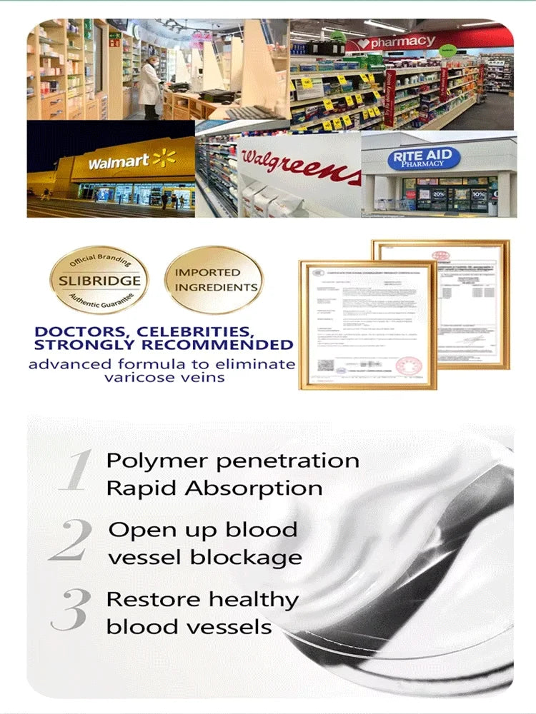 White cream for varicose veins showing absorption steps and pharmacy retail backgrounds.