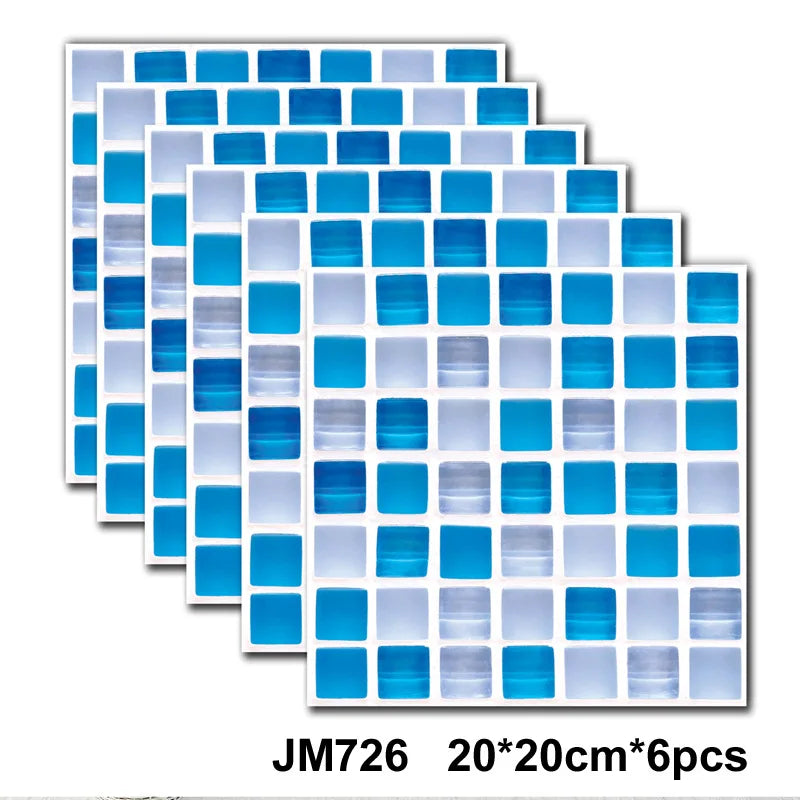Self-adhesive marble wall tile stickers, blue and white square grid tiles, 6-piece set