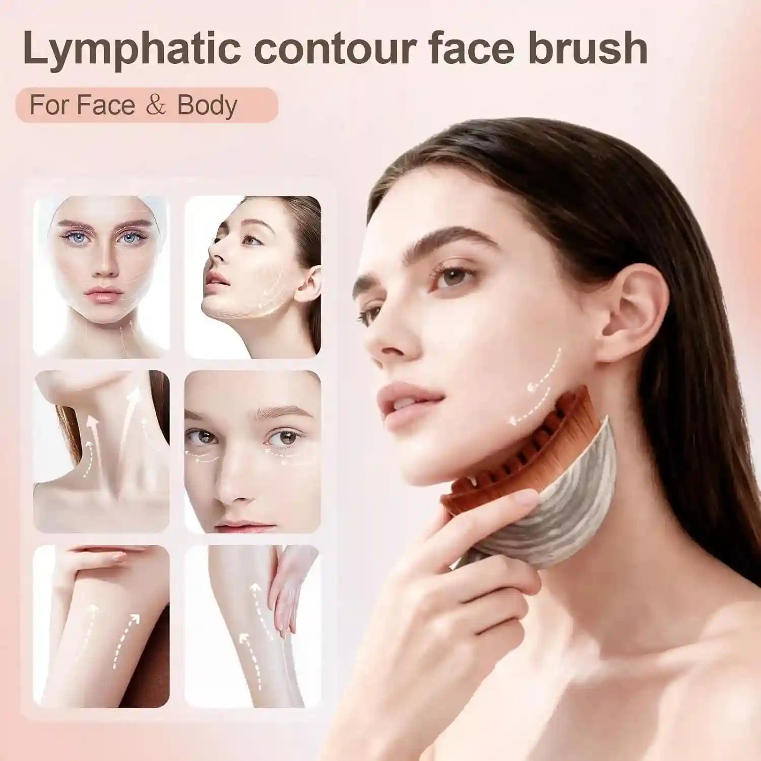 A woman using a curved, wooden-handled facial brush with brown nylon bristles to massage her jawline.