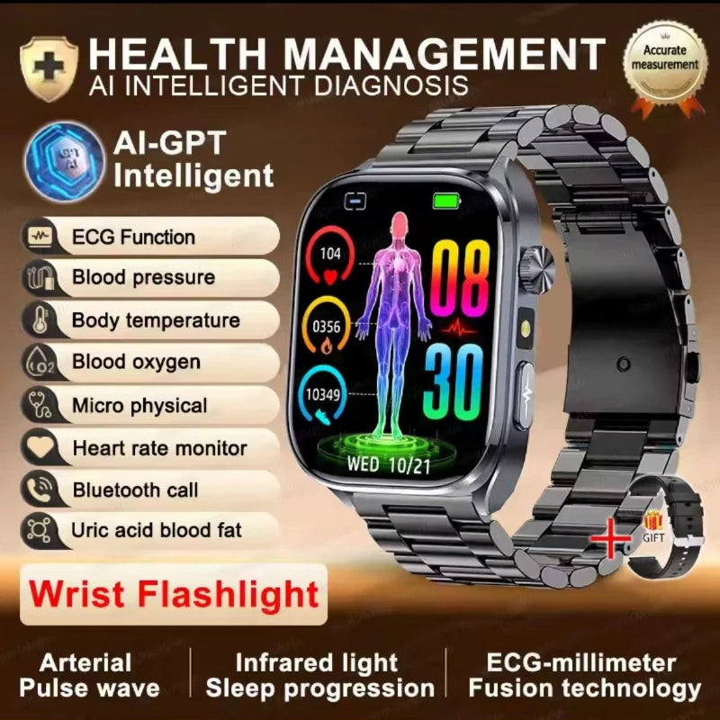 Smartwatch with black metal bracelet and dark face, colorful body scan display