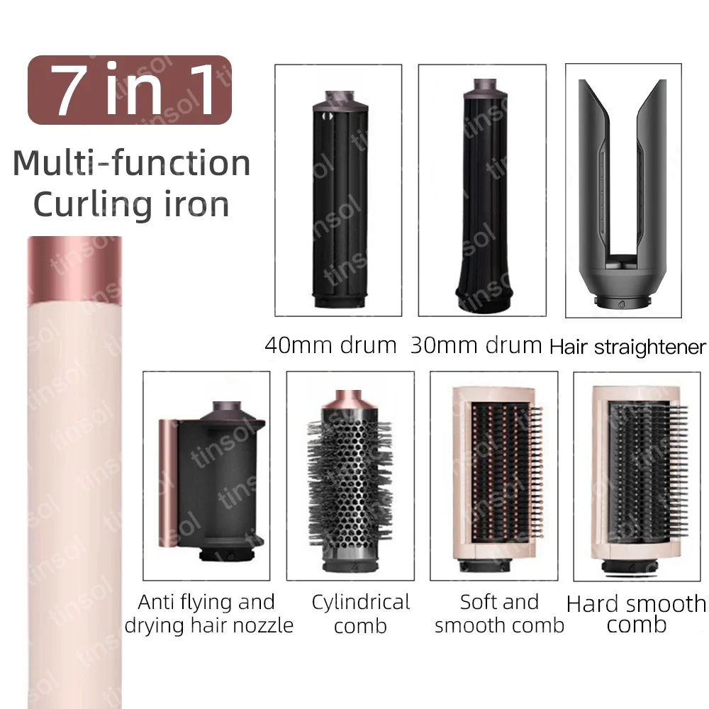 7-in-1 high-speed ionic hair dryer set in rose gold with 7 styling attachments, including curlers, combs, and dryer.