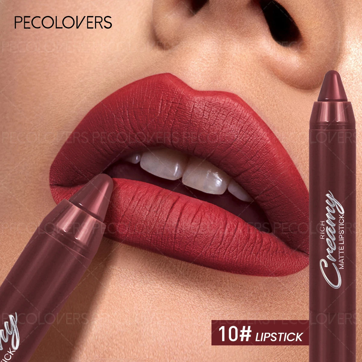 Rich creamy matte red lip crayon pencil for moisturizing, long-lasting everyday lip makeup application.
