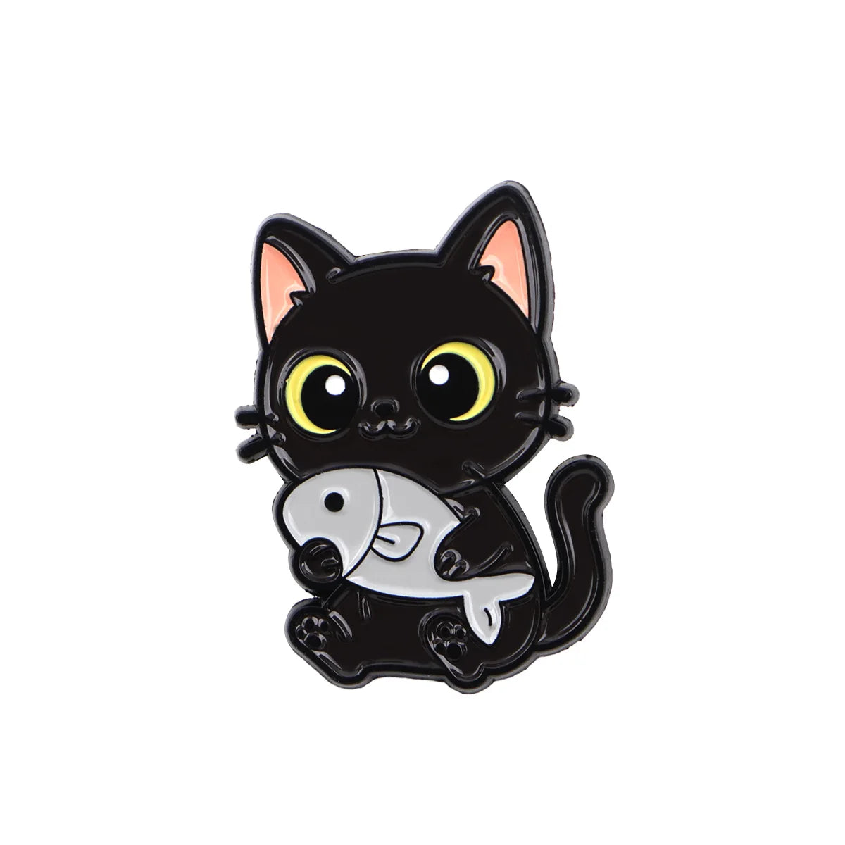 Cute black cat with fish enamel pin, perfect decorative lapel badge for backpacks or fashion accessories.