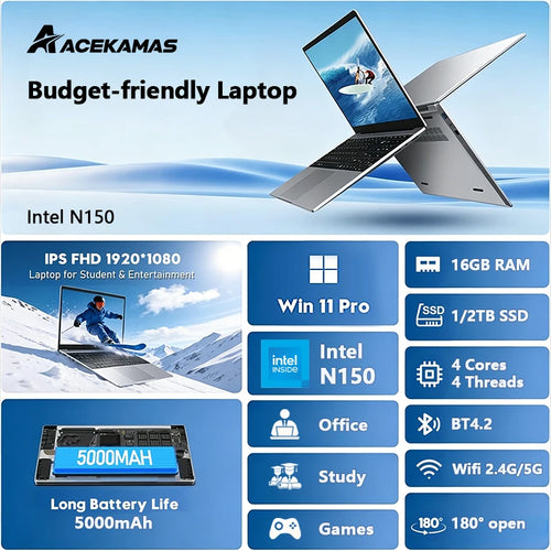 Silver 14.1-inch laptop with a 180-degree hinge, black keyboard, slim bezels, and visible side ports.