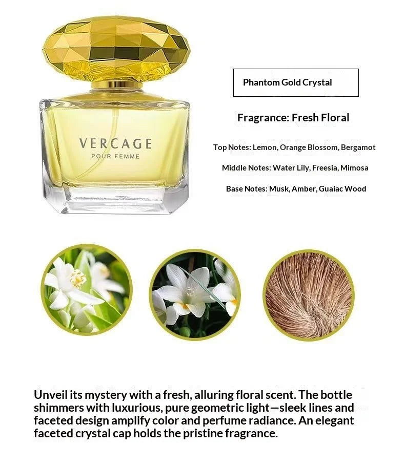Luxury women’s floral perfume in a clear glass bottle with a faceted gold crystal cap and yellow fragrance liquid.
